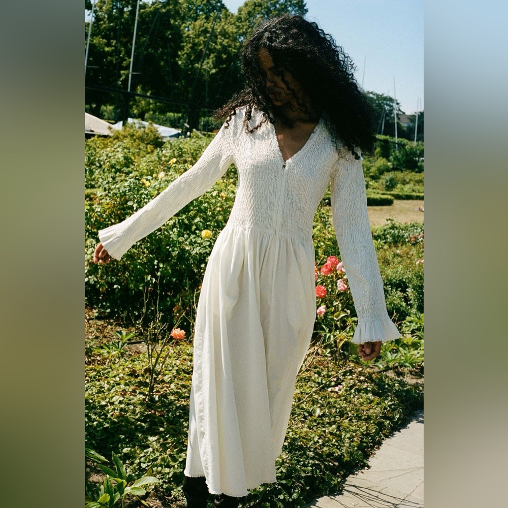 Sea New York Casey Hand Smocked White Long Sleeve Midi Dress Size 12 Large - Picture 2 of 9